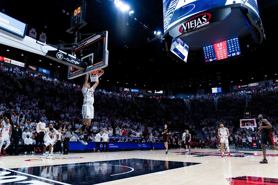 San Diego State guard Miles Byrd (21) dunks after winning an NCAA Basketball game between UNLV and San Diego State, Friday March 6, 2026 at Viejas Arena in San Diego, Calif.