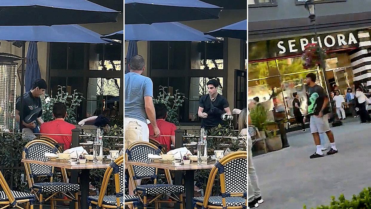 split photo of a man in a black shirt fighting a man lying on the ground while another then fleeing the scene