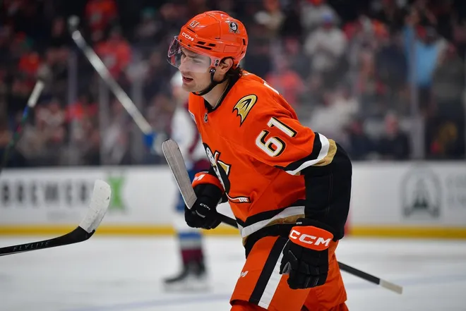 Mar 3, 2026; Anaheim, California, USA; Anaheim Ducks left wing Cutter Gauthier (61) celebrates his goal scored against the Colorado Avalanche during the second period at Honda Center.