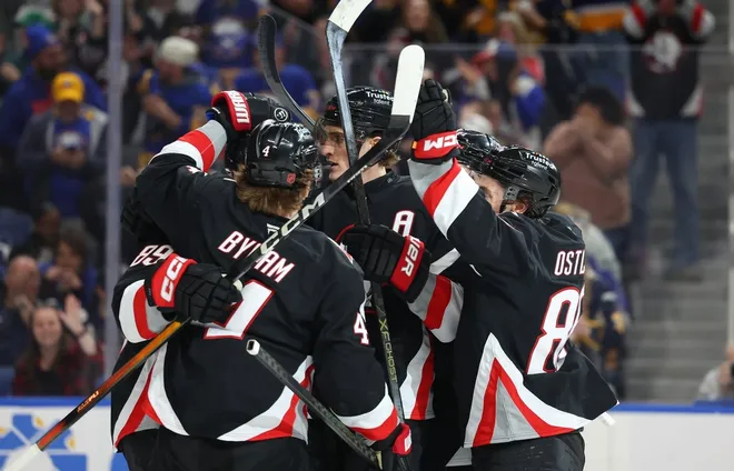 Mar 8, 2026; Buffalo, New York, USA; Buffalo Sabres center Tage Thompson (72) celebrates his goal with teammates during the second period against the Tampa Bay Lightning at KeyBank Center.