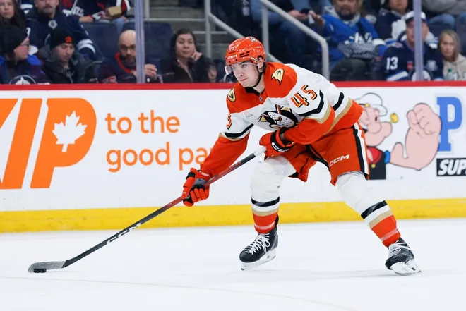 Mar 10, 2026; Winnipeg, Manitoba, CAN; Anaheim Ducks forward Beckett Sennecke (45) looks to make a pass against Winnipeg Jets during the third period at Canada Life Centre.