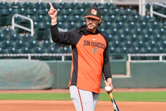 Feb. 18, 2026; Scottsdale, Arizona; San Francisco Giants manager Tony Vitello (23) reacts during a Spring Training workout at Scottsdale Stadium.