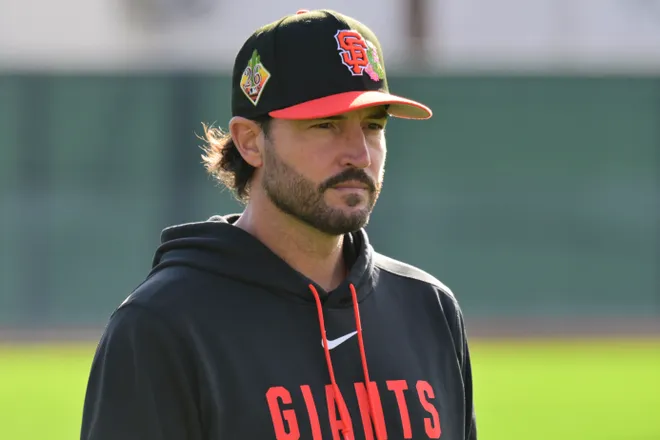Feb. 10, 2026; Scottsdale, Arizona; San Francisco Giants manager Tony Vitello looks on during a Spring Training workout at Scottsdale Stadium.