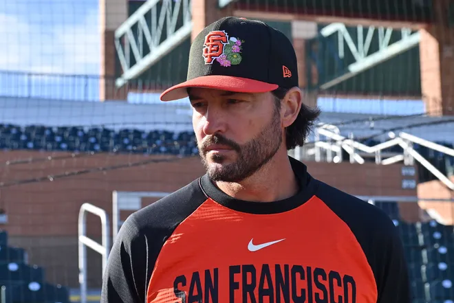 Feb. 18, 2026; Scottsdale, Arizona; San Francisco Giants manager Tony Vitello (23) looks on during a Spring Training workout at Scottsdale Stadium.