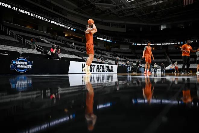 Mar 25, 2026; San Jose, CA, USA; Texas Longhorns forward Camden Heide (5) shoots during a practice session ahead of the west regional of the men's 2026 NCAA Tournament at SAP Center. Mandatory Credit: Eakin Howard-Imagn Images
