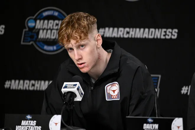 Mar 25, 2026; San Jose, CA, USA; Texas Longhorns center Matas Vokietaitis (8) addresses the media in a press conference during a practice session ahead of the west regional of the men's 2026 NCAA Tournament at SAP Center. Mandatory Credit: Eakin Howard-Imagn Images