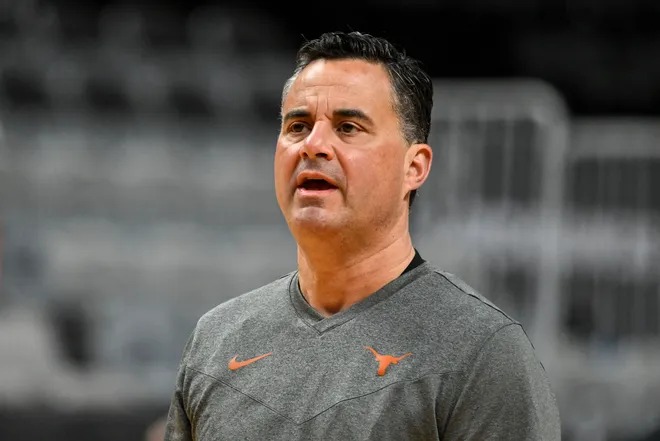 Mar 25, 2026; San Jose, CA, USA; Texas Longhorns head coach Sean Miller looks on during a practice session ahead of the west regional of the men's 2026 NCAA Tournament at SAP Center. Mandatory Credit: Eakin Howard-Imagn Images