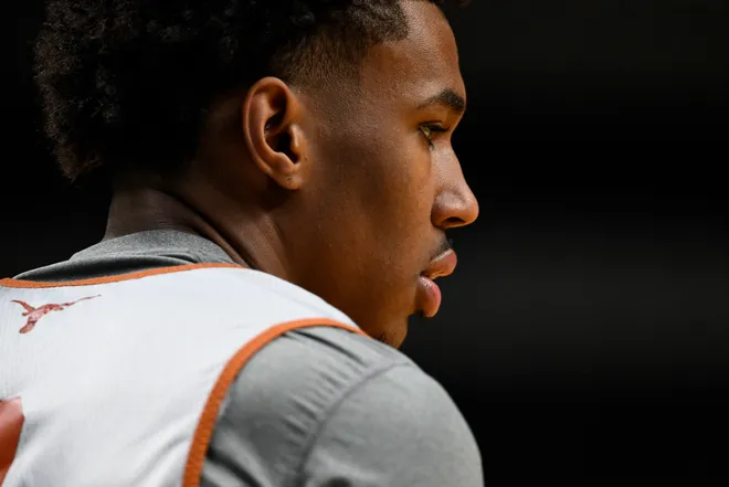 Mar 25, 2026; San Jose, CA, USA; Texas Longhorns guard Dailyn Swain (3) looks on during a practice session ahead of the west regional of the men's 2026 NCAA Tournament at SAP Center. Mandatory Credit: Eakin Howard-Imagn Images