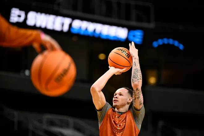 Mar 25, 2026; San Jose, CA, USA; Texas Longhorns guard Chendall Weaver (2) shoots during a practice session ahead of the west regional of the men's 2026 NCAA Tournament at SAP Center. Mandatory Credit: Eakin Howard-Imagn Images