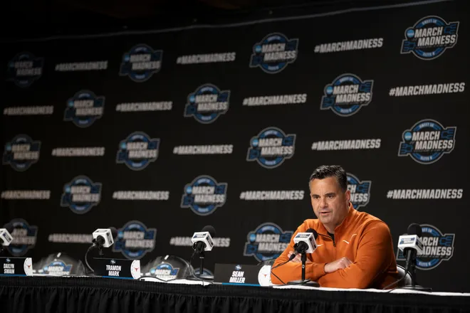 March 25, 2026; San Jose, CA, USA; Texas Longhorns head coach Sean Miller addresses the media in a press conference during a practice session ahead of the west regional of the men's 2026 NCAA Tournament at SAP Center. Mandatory Credit: Kyle Terada-Imagn Images
