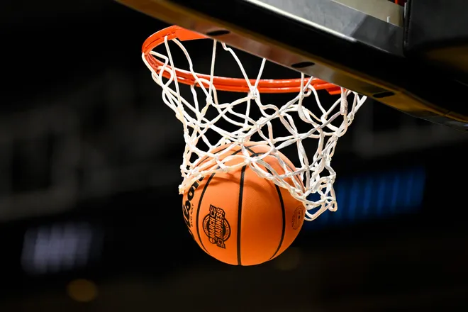 Mar 25, 2026; San Jose, CA, USA; The March Madness logo is seen on a ball during a Texas Longhorns practice session ahead of the west regional of the men's 2026 NCAA Tournament at SAP Center. Mandatory Credit: Eakin Howard-Imagn Images