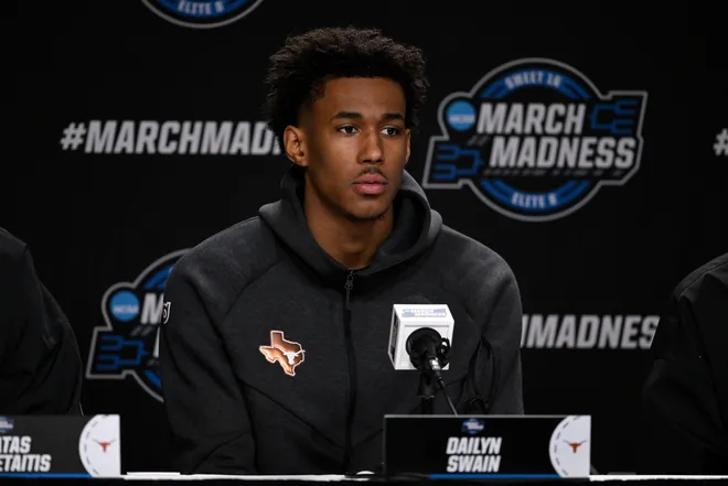 Mar 25, 2026; San Jose, CA, USA; Texas Longhorns forward Dailyn Swain (3) addresses the media in a press conference during a practice session ahead of the west regional of the men's 2026 NCAA Tournament at SAP Center. Mandatory Credit: Eakin Howard-Imagn Images