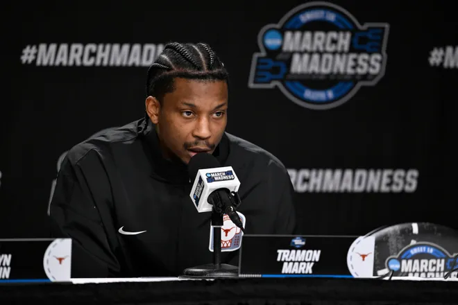 Mar 25, 2026; San Jose, CA, USA; Texas Longhorns guard Tramon Mark (12) addresses the media in a press conference during a practice session ahead of the west regional of the men's 2026 NCAA Tournament at SAP Center. Mandatory Credit: Eakin Howard-Imagn Images