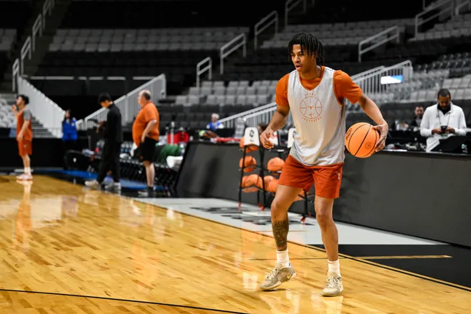 Mar 25, 2026; San Jose, CA, USA; Texas Longhorns guard Simeon Wilcher (7) dribbles during a practice session ahead of the west regional of the men's 2026 NCAA Tournament at SAP Center. Mandatory Credit: Eakin Howard-Imagn Images