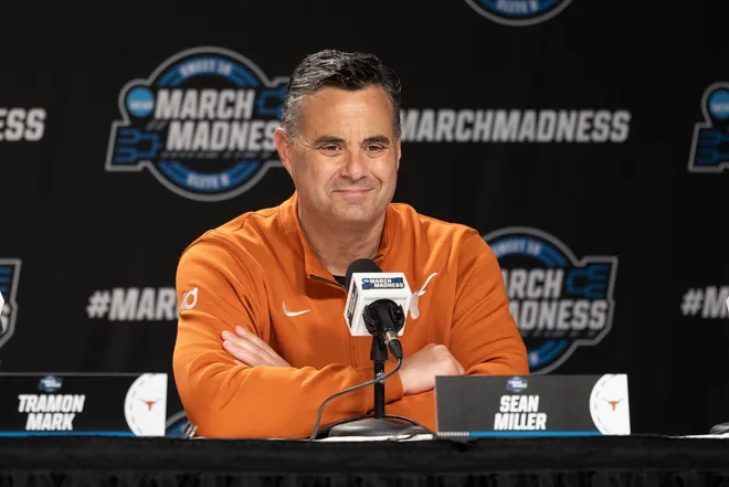 March 25, 2026; San Jose, CA, USA; Texas Longhorns head coach Sean Miller addresses the media in a press conference during a practice session ahead of the west regional of the men's 2026 NCAA Tournament at SAP Center. Mandatory Credit: Kyle Terada-Imagn Images
