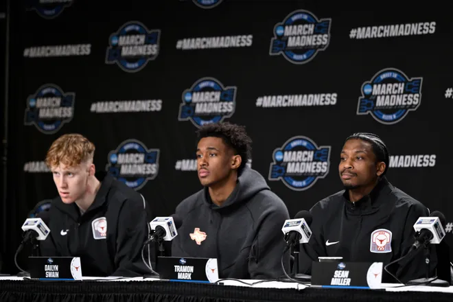 Mar 25, 2026; San Jose, CA, USA; Texas Longhorns center Matas Vokietaitis (8), forward Dailyn Swain (3), and guard Tramon Mark (12) address the media in a press conference during a practice session ahead of the west regional of the men's 2026 NCAA Tournament at SAP Center. Mandatory Credit: Eakin Howard-Imagn Images