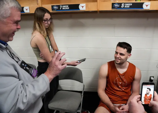 Texas Longhorns forward Camden Heide speaks to media members ahead of a NCAA Tournament Sweet 16 game against Purdue on Wednesday, March 25, 2026 at SAP Center in San Jose, Calif.