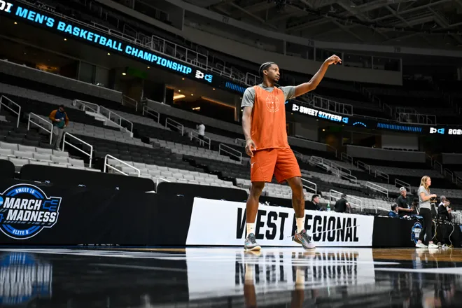 Mar 25, 2026; San Jose, CA, USA; Texas Longhorns guard Tramon Mark (12) warms up during a practice session ahead of the west regional of the men's 2026 NCAA Tournament at SAP Center. Mandatory Credit: Eakin Howard-Imagn Images