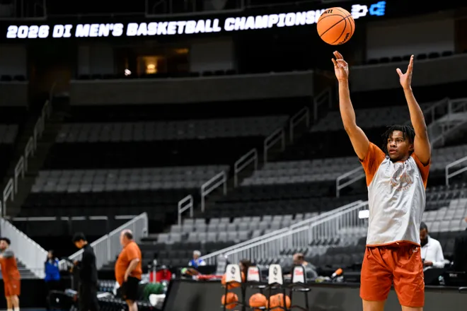Mar 25, 2026; San Jose, CA, USA; Texas Longhorns guard Simeon Wilcher (7) shoots during a practice session ahead of the west regional of the men's 2026 NCAA Tournament at SAP Center. Mandatory Credit: Eakin Howard-Imagn Images