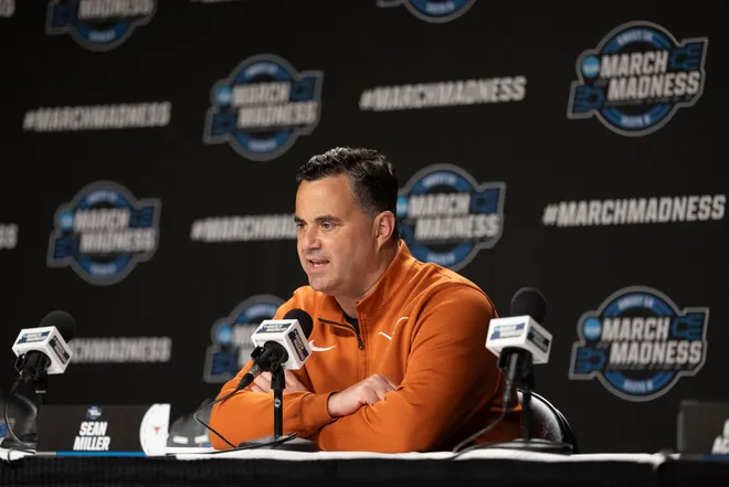 March 25, 2026; San Jose, CA, USA; Texas Longhorns head coach Sean Miller addresses the media in a press conference during a practice session ahead of the west regional of the men's 2026 NCAA Tournament at SAP Center. Mandatory Credit: Kyle Terada-Imagn Images