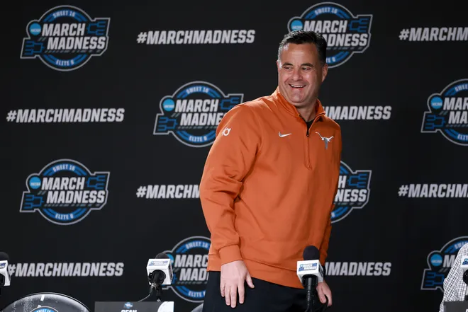 SAN JOSE, CALIFORNIA - MARCH 25: Head coach Sean Miller of the Texas Longhorns speaks to the media during the Sweet Sixteen Practice Day at SAP Center on March 25, 2026 in San Jose, California. (Photo by Ezra Shaw/Getty Images)