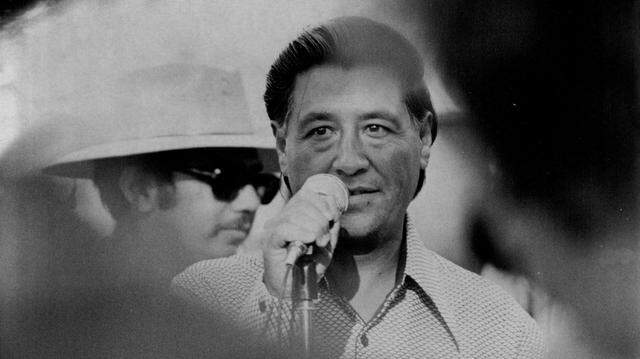 Labor leader Cesar Chavez speaks about a potential grape strike in Lodi on July 22, 1973.