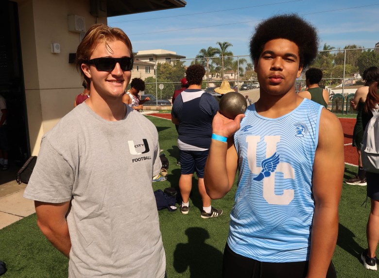 UCHS throwers Quinn Obrigewitch, a senior, and Tristan Shoemaker, a sophomore, at the Viking Sunset Relays. (Photo by Ed Piper/Special for Times of San Diego)