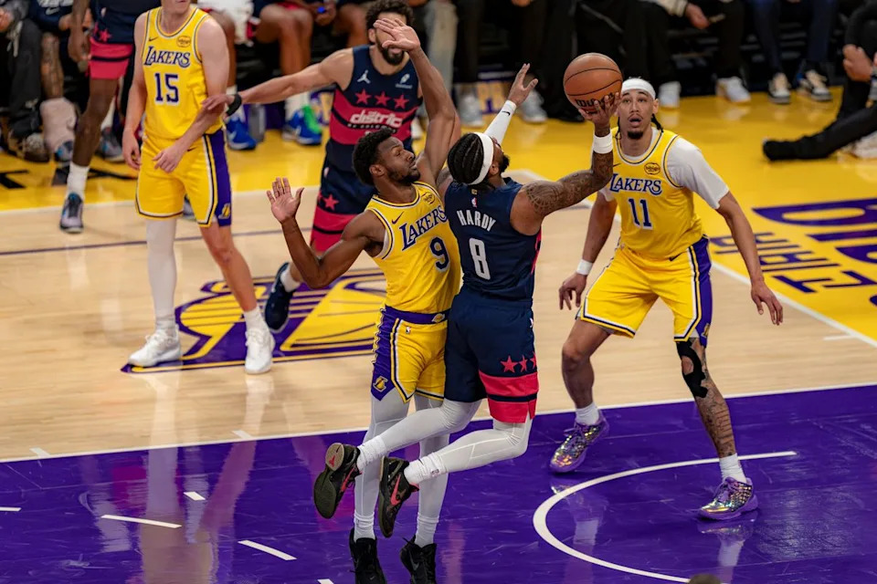 Washington Wizards guard Jaden Hardy (8) drawing a foul during an NBA basketball game against the Los Angeles Lakers on March 30th, 2026 in Los Angeles, CA.