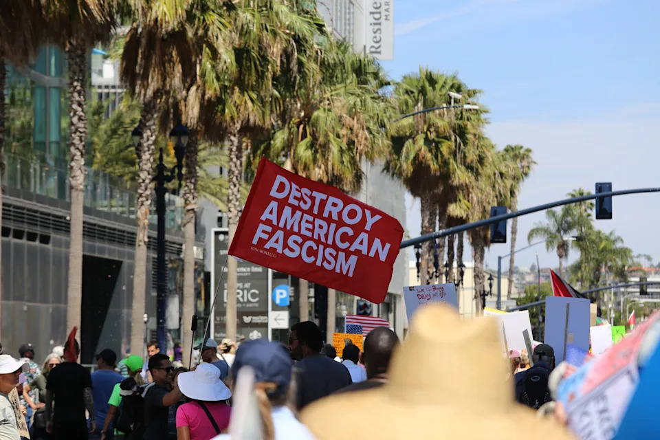 Demonstrators at a “No Kings” march on Saturday in Downtown San Diego (Take Action San Diego).