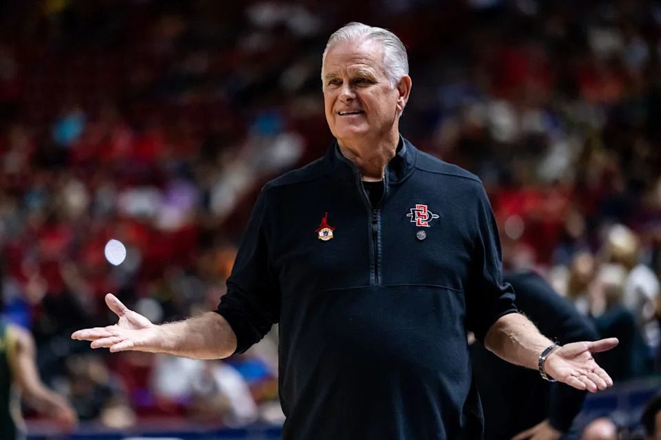 San Diego Aztecs head coach Brian Dutcher questions a foul call on the Aztecs during a Mountain West Championship tournament quarterfinal game between the San Diego Aztecs and the Colorado State Rams, Thursday March 12, 2026 in Las Vegas, Nev.