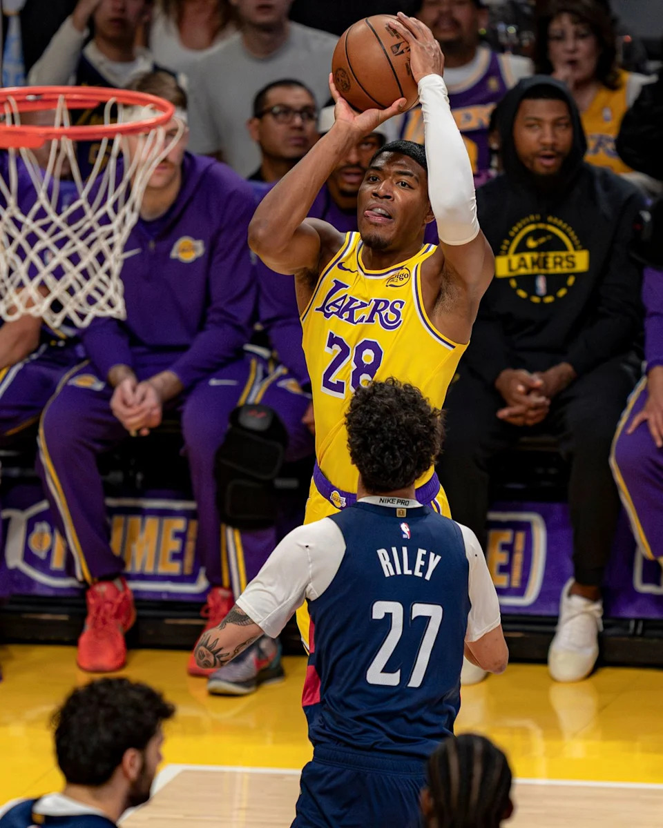 Los Angeles Lakers forward Rui Hachimura (28) shooting for three during an NBA basketball game against the Washington Wizards on March 30th, 2026 in Los Angeles, CA.