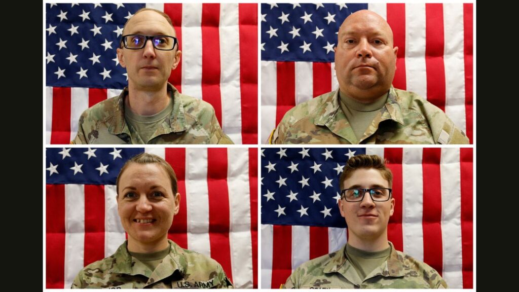 A combination image of undated photos shows U.S. Army Reserve Captain Cody A. Khork, 35, of Winter Haven, Florida, U.S. Army Reserve Sgt. 1st Class Noah Tietjens, 42, of Bellevue, Nebraska, U.S. Army Reserve Sgt. 1st Class Nicole Amor, 39, of White Bear Lake, Minnesota, and U.S. Army Reserve Sgt. Declan Coady, 20, of Des Moines, Iowa, who were killed March 1, 2026, at the Port of Shuaiba, Kuwait during a drone attack.