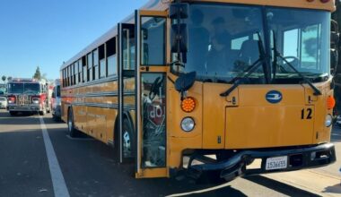 A three-vehicle crash involving a school bus in Fresno on Monday, March 2, 2026, left one person with minor injuries but no students were hurt. (Fresno FD)