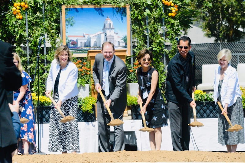 Elder Mark A. Bragg, his wife Sister Yvonne Bragg, and invited guests ceremonially turn the dirt at the Yorba Linda California Temple groundbreaking ceremony in Yorba Linda, California, on Saturday, June 18, 2022.