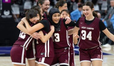 West Campus players celebrate thier 47-38 victory over Central Catholic in the Sac-Joaquin Section Division IV championship game at the Golden 1 Center in Sacramento on Friday.