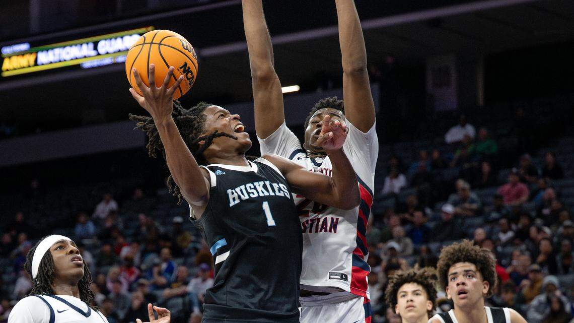 Sheldon’s Baron Sabir challenges Modesto Christian defender Somto Patrick in the Sac-Joaquin Section Division I championship game at Golden 1 Center on Saturday. Sheldon will play in the NorCal Open Division.
