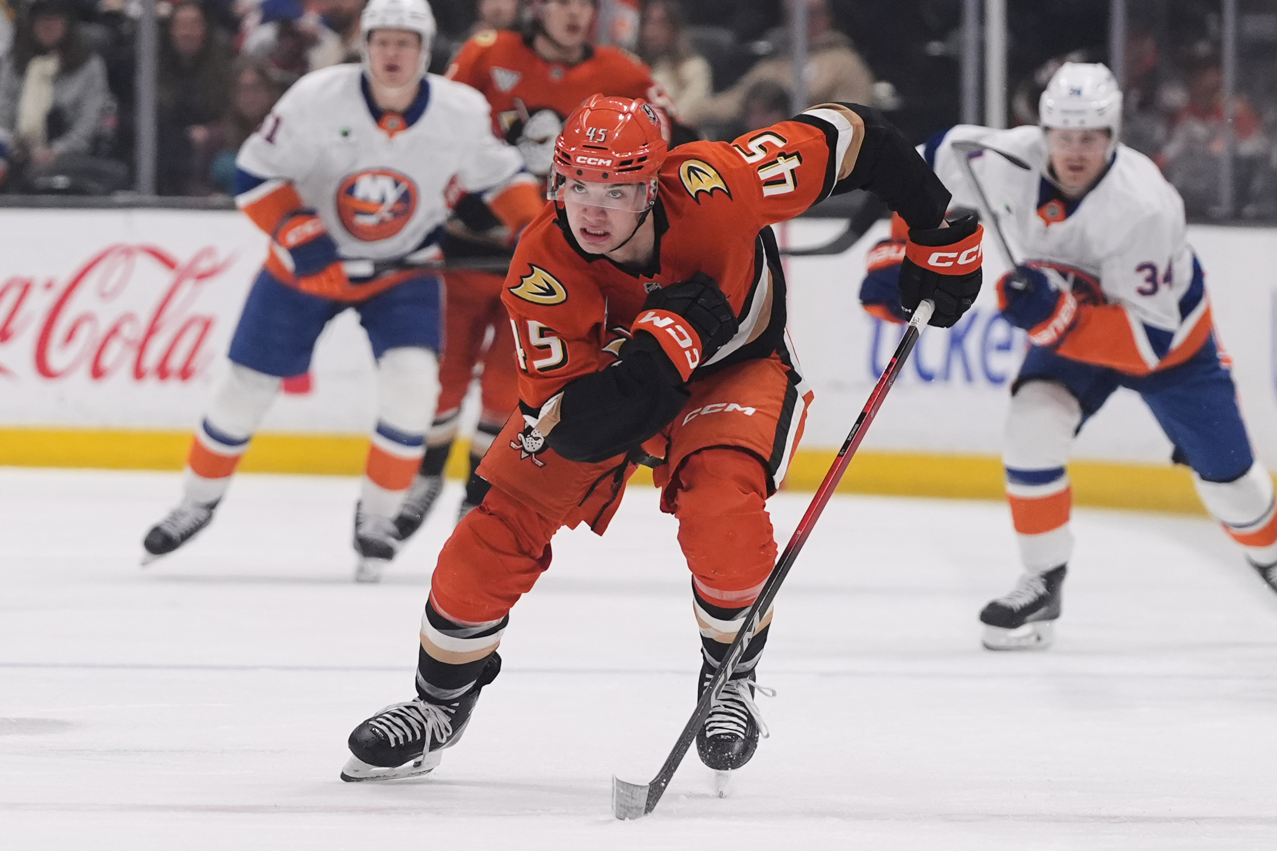 Ducks right wing Beckett Sennecke chases the puck during the...