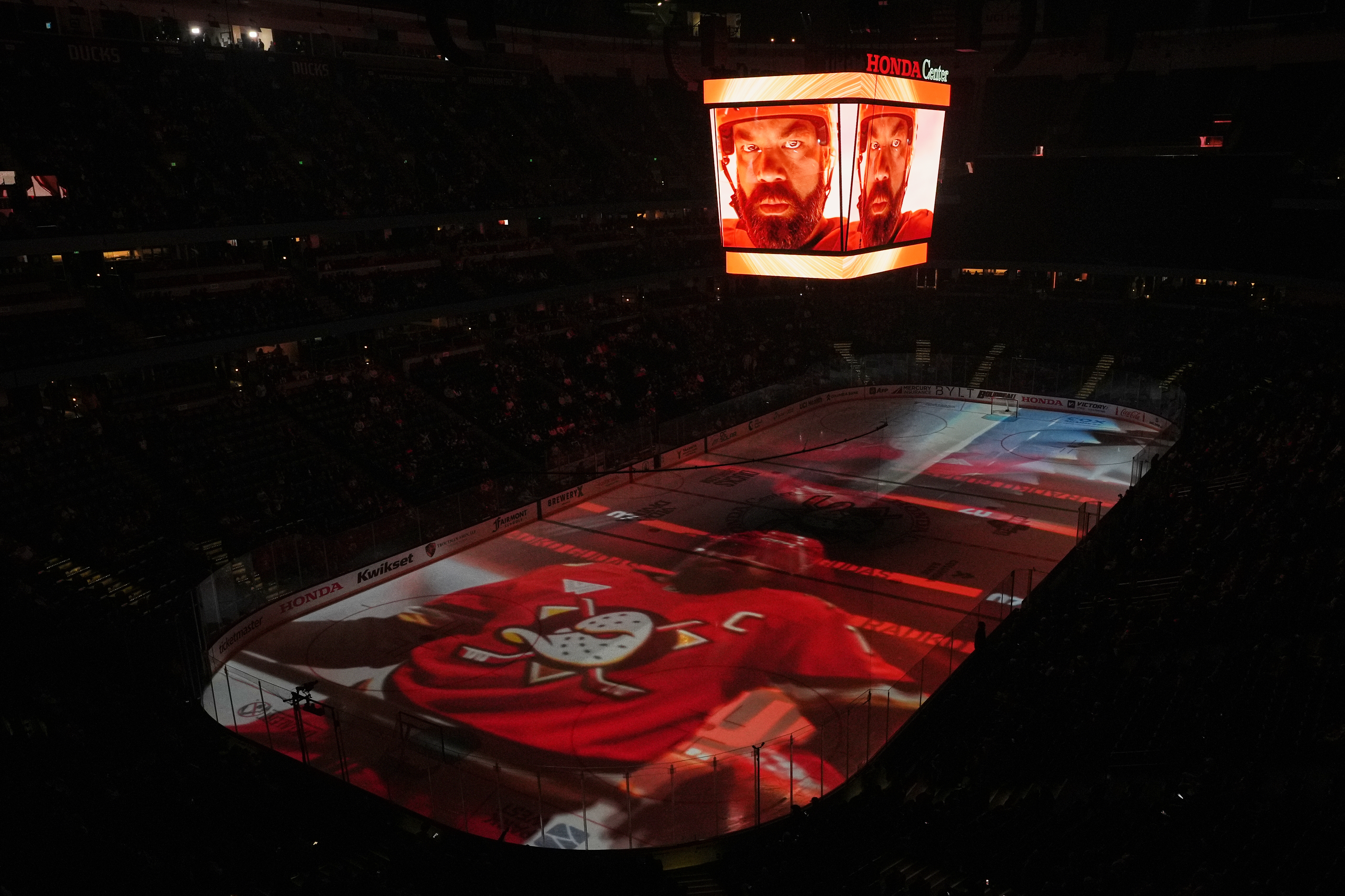 Ducks defenseman Radko Gudas is introduced before an NHL hockey...