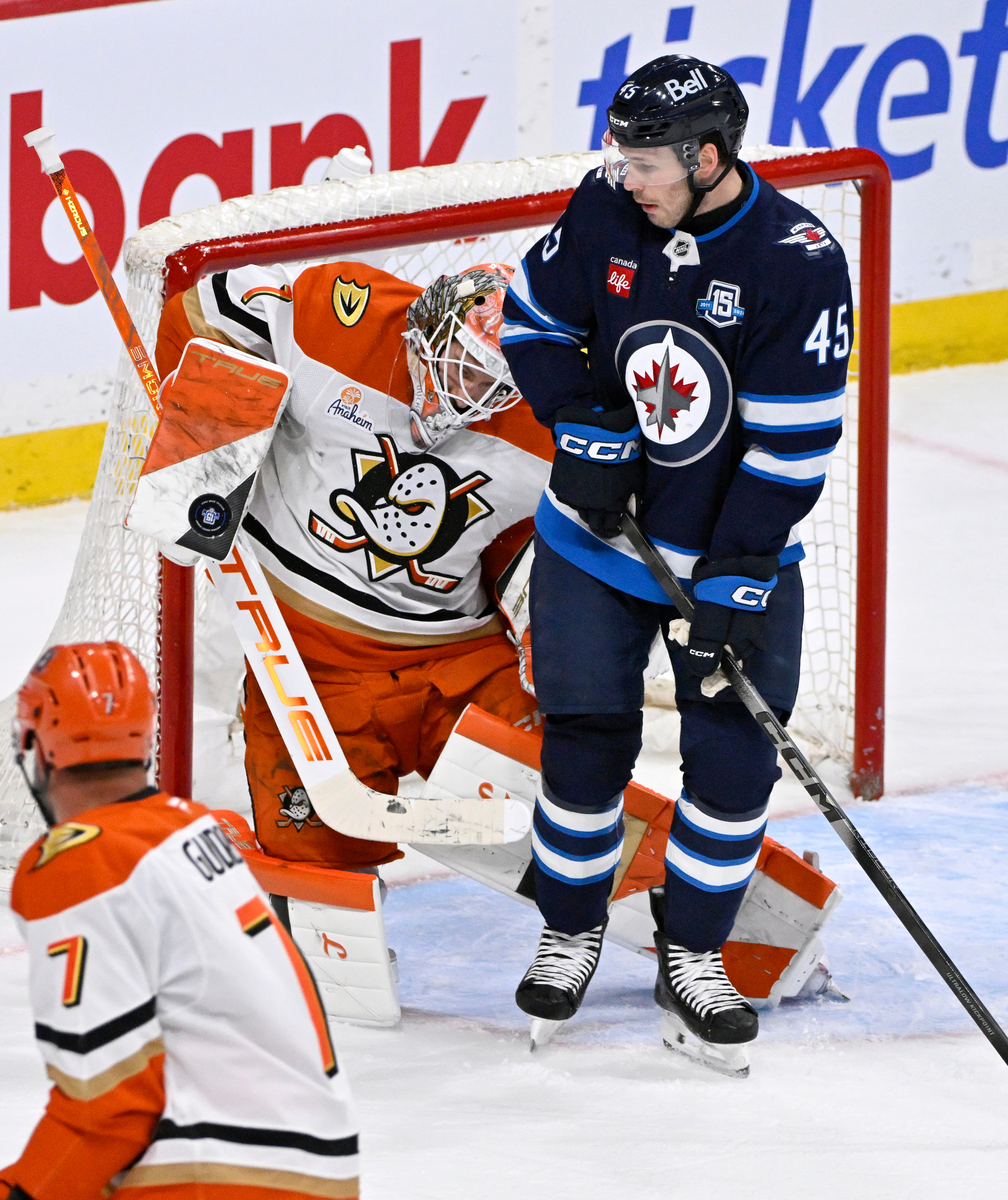 Ducks goaltender Lukas Dostal (1) makes a save on a...