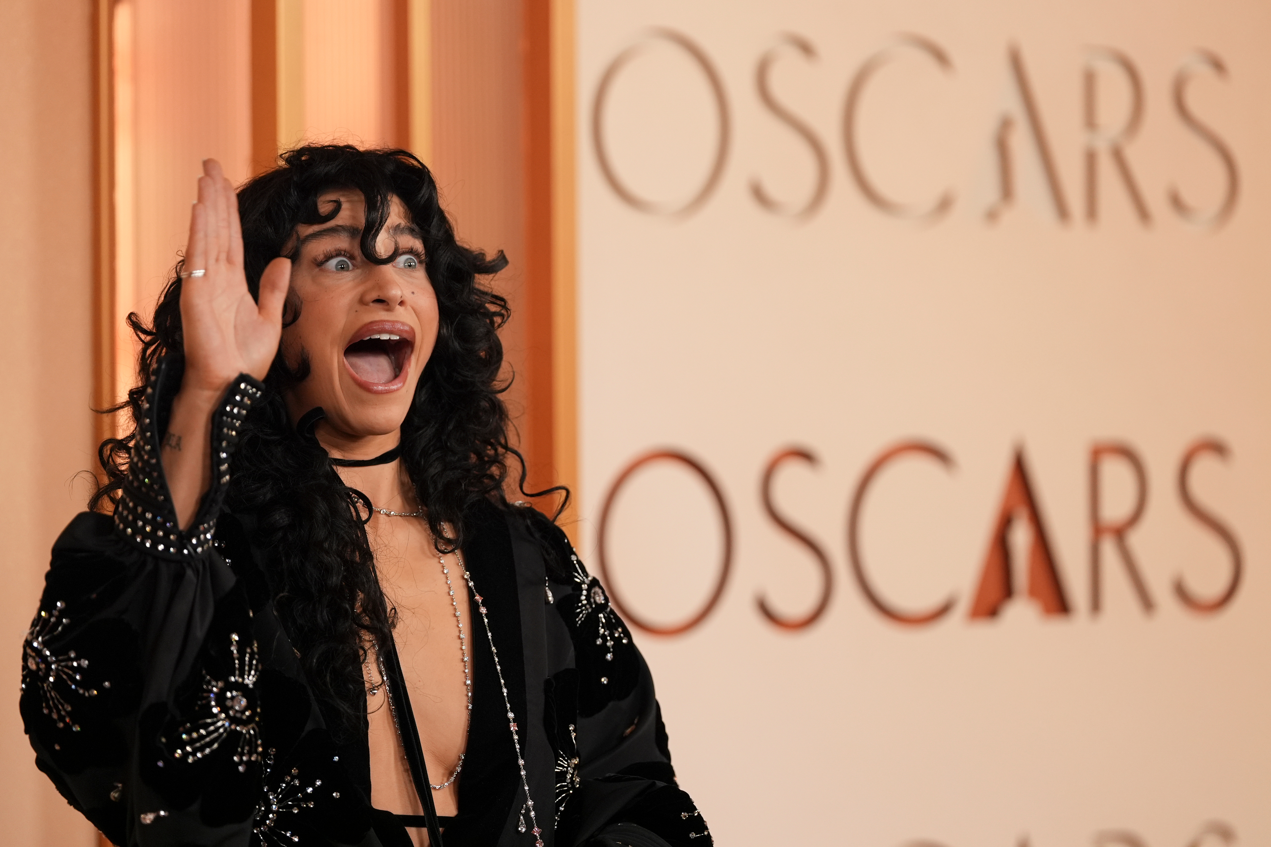 Odessa A’zion arrives at the Oscars on Sunday, March 15, 2026, at the Dolby Theatre in Los Angeles. (AP Photo/Gregory Bull)