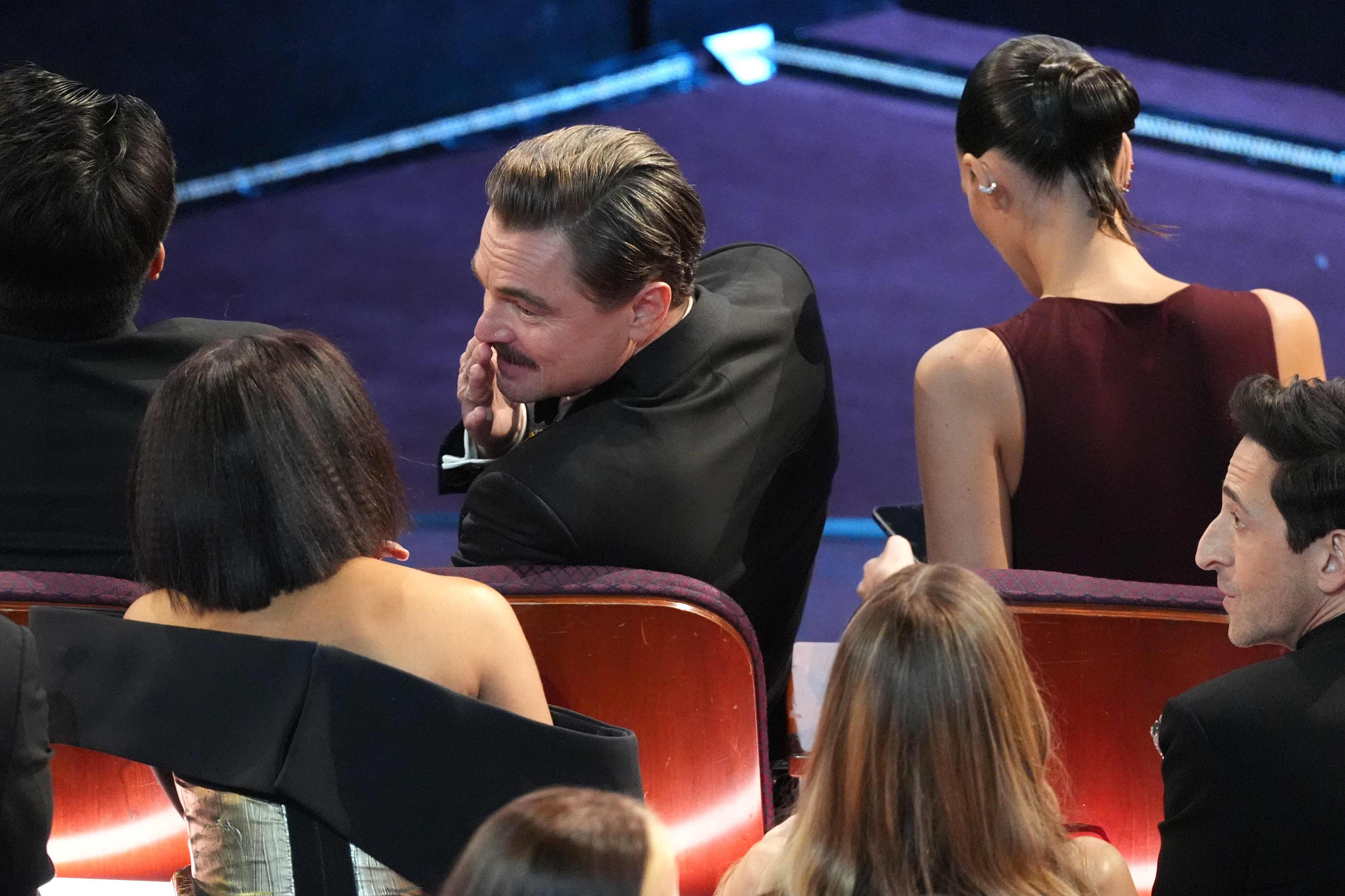 Leonardo DiCaprio appears in the audience during the Oscars on Sunday, March 15, 2026, at the Dolby Theatre in Los Angeles. (AP Photo/Chris Pizzello)