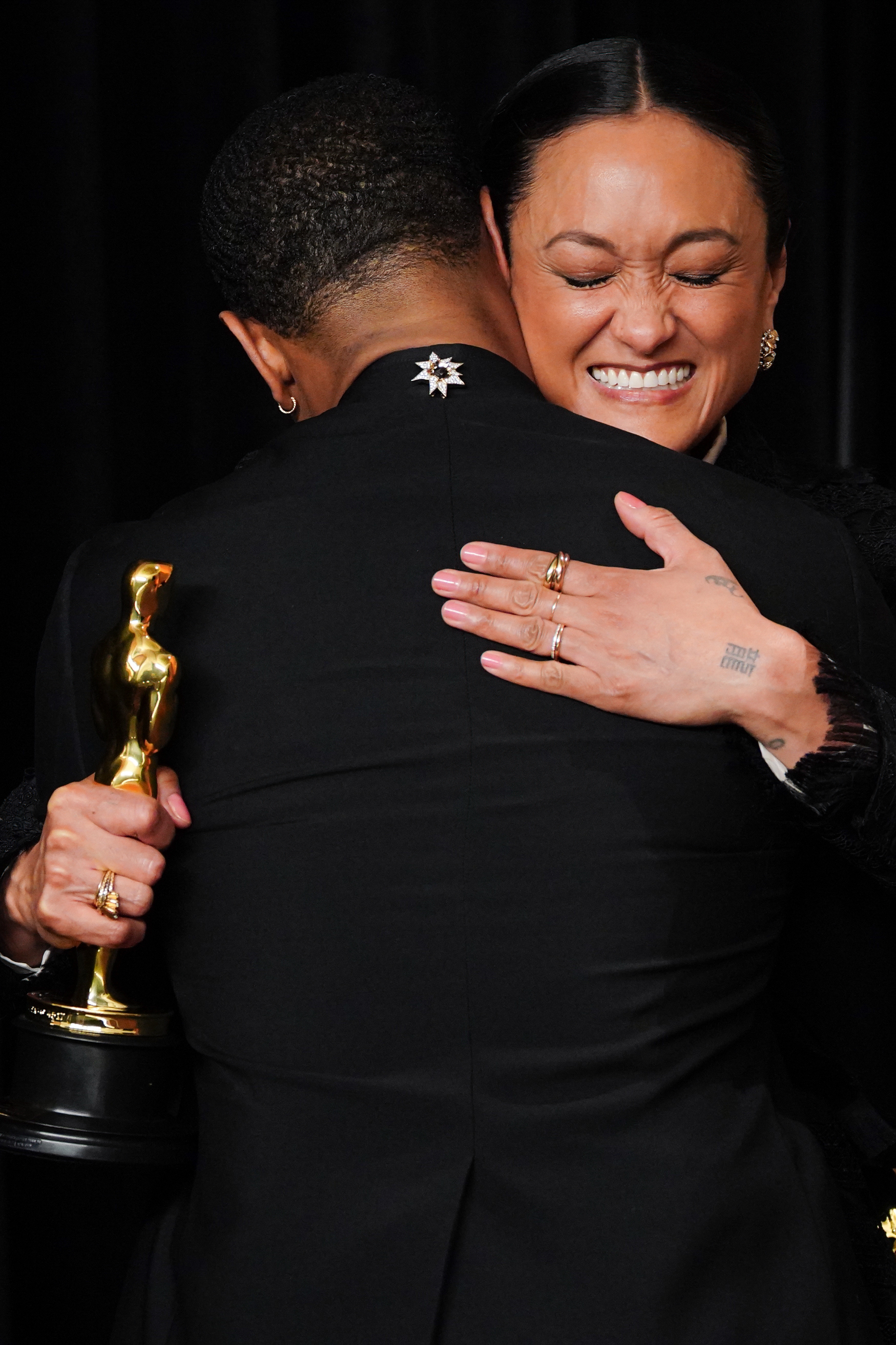 Michael B. Jordan, left, and Autumn Durald Arkapaw, winner of the award for cinematography for “Sinners,” pose in the press room at the Oscars on Sunday, March 15, 2026, at the Dolby Theatre in Los Angeles. (Photo by Jordan Strauss/Invision/AP)