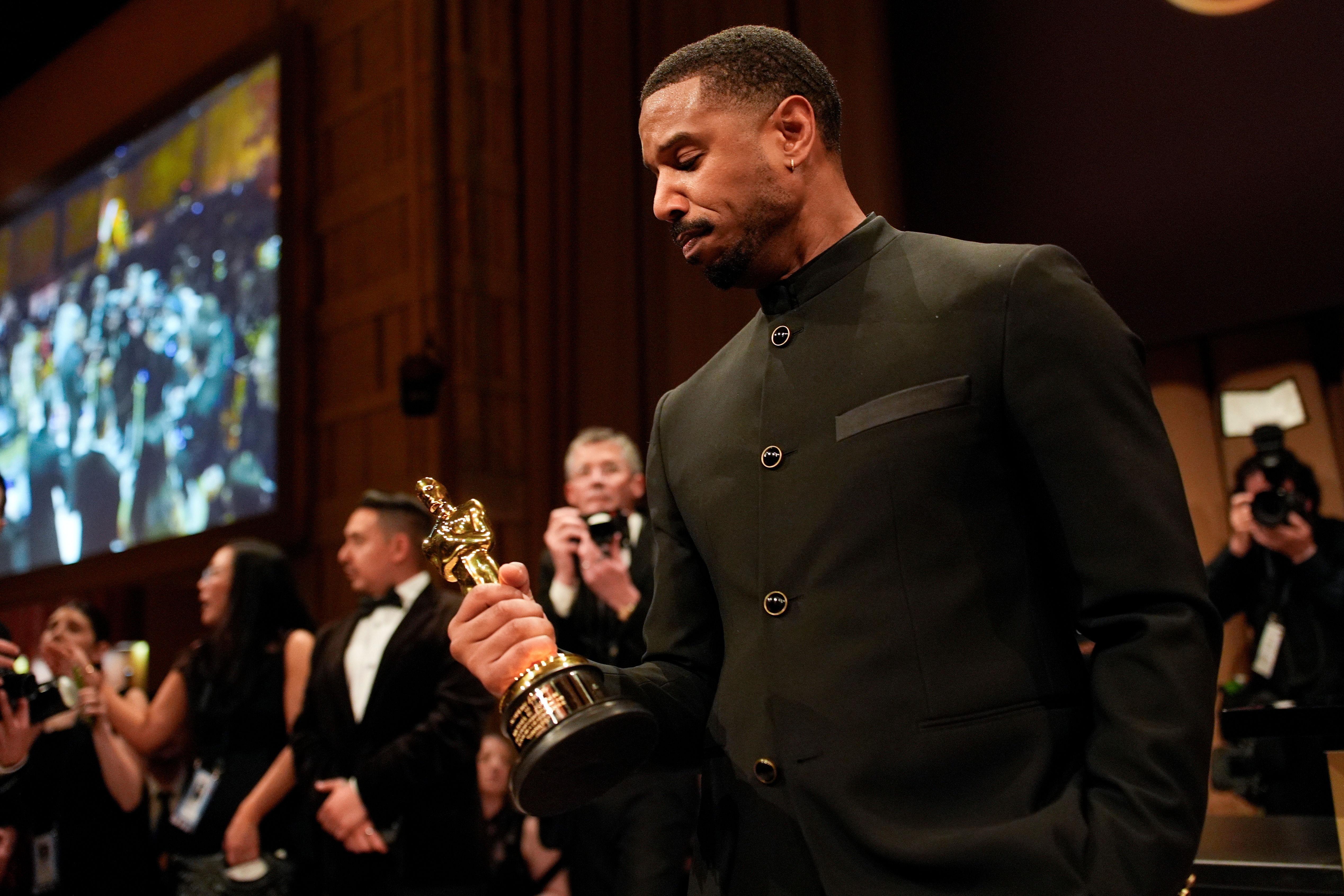 Michael B. Jordan, winner of the award for best actor in a leading role for “Sinners,” attends the Governors Ball after the Oscars on Sunday, March 15, 2026, in Los Angeles. (AP Photo/John Locher)