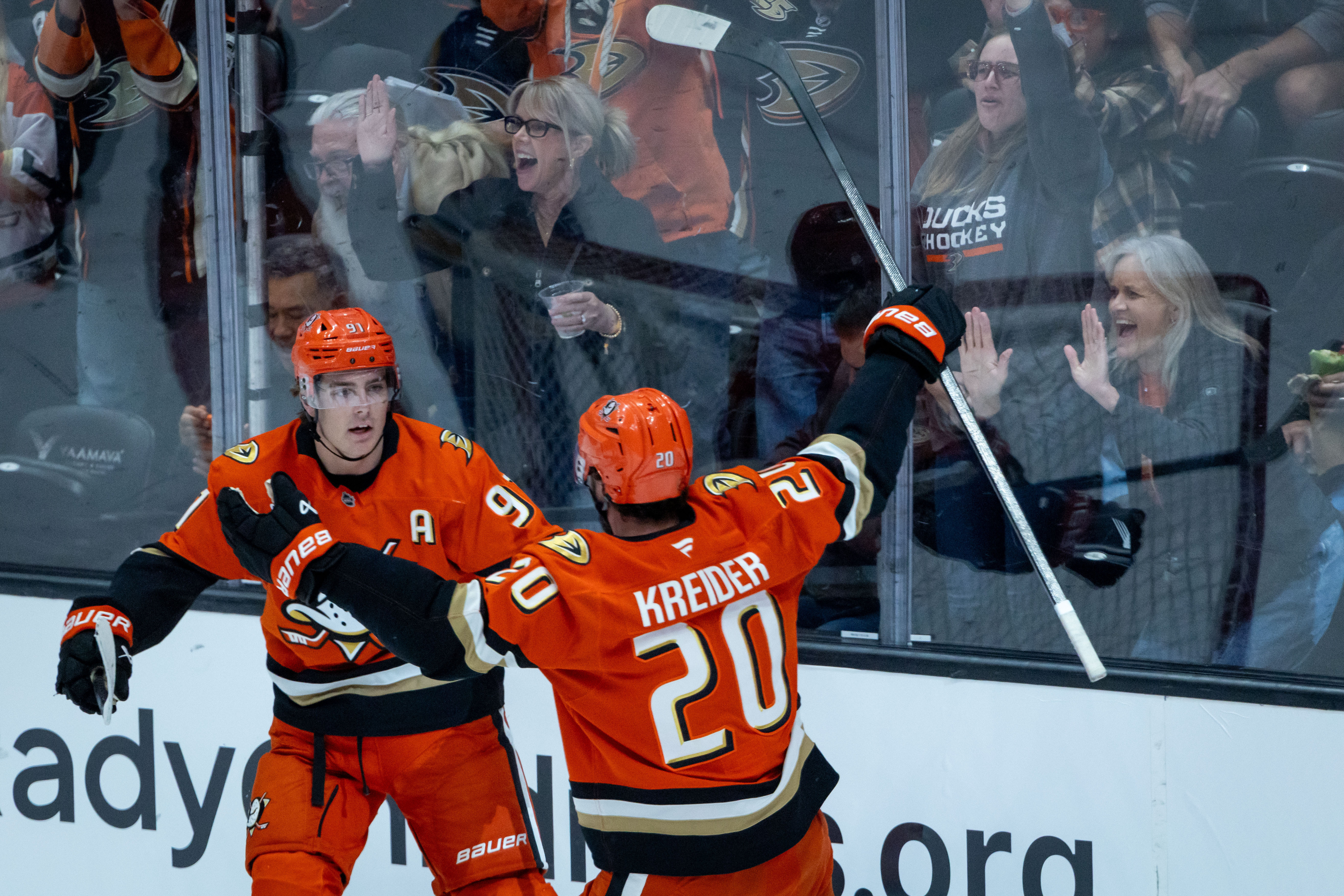 Ducks left wing Chris Kreider (20) reacts after scoring against...