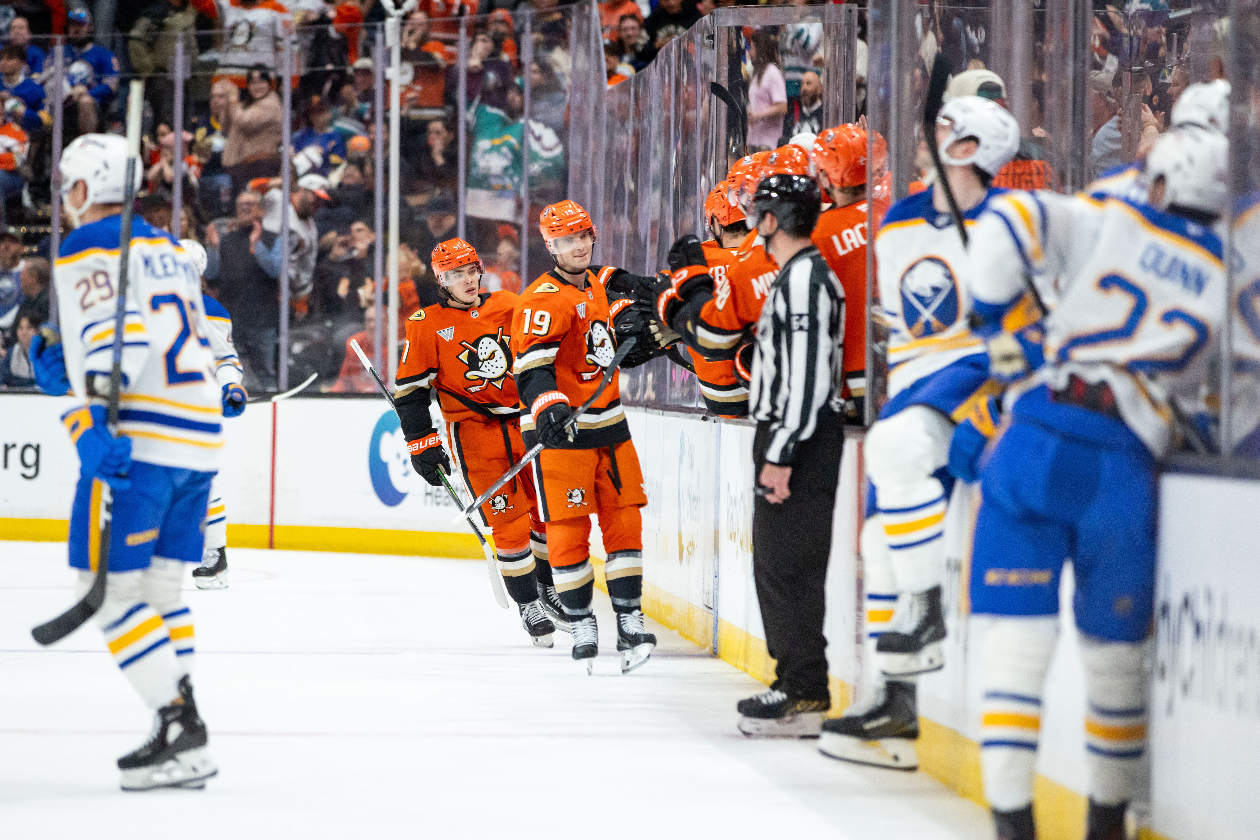 Ducks right wing Troy Terry (19) celebrates after scoring against...