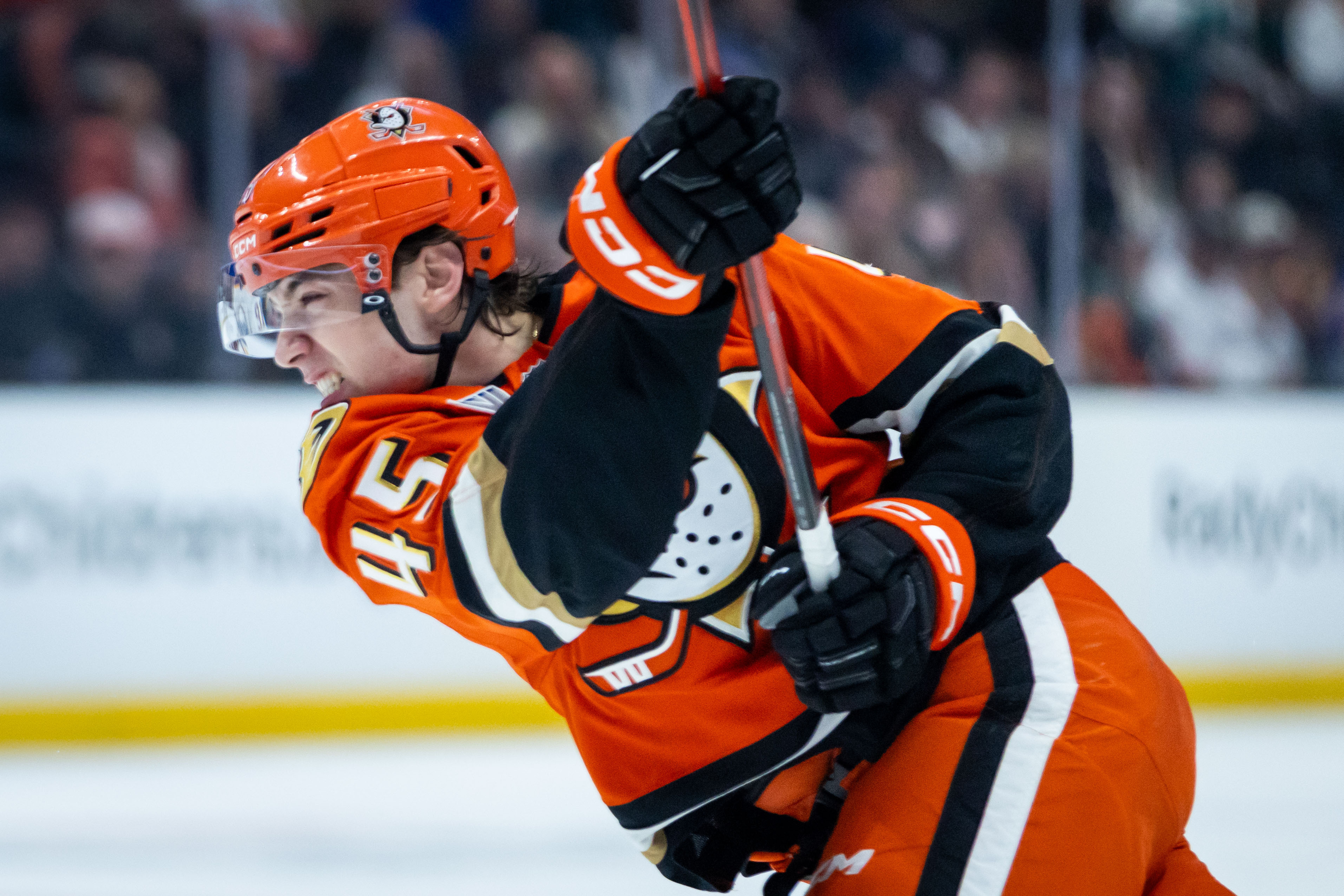 Ducks right wing Beckett Sennecke (45) shoots against the Buffalo...