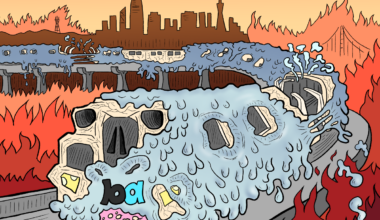 A melting BART train travels on tracks surrounded by flames, with the San Francisco skyline and bridge in the background under an orange sky.