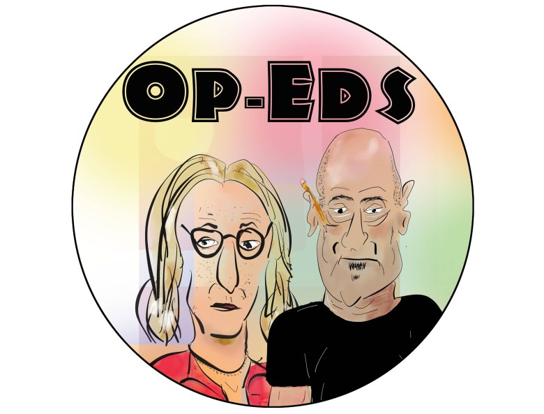 A colorful illustration features two drawn figures—a woman with glasses and long hair and a bald man with a pencil behind his ear—beneath bold black text reading “OP-EDS” inside a circular frame.