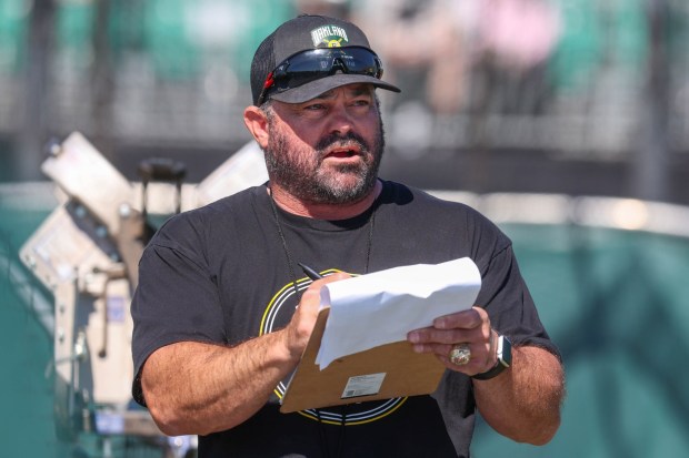Oakland Ballers manager Aaron Miles announces the selected players after participating in the open tryouts at Raimondi Park in Oakland, Calif., on Saturday, March 8, 2025. (Ray Chavez/Bay Area News Group)