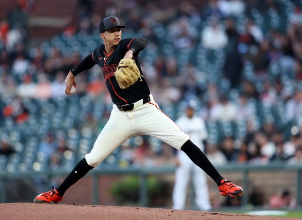 San Francisco Giants starting pitcher Spencer Bivens #76 throws against the Sultanes de Monterrey in the first inning of their MLB game at Oracle Park in San Francisco, Calif., on Monday, March 23, 2026. (Jane Tyska/Bay Area News Group)